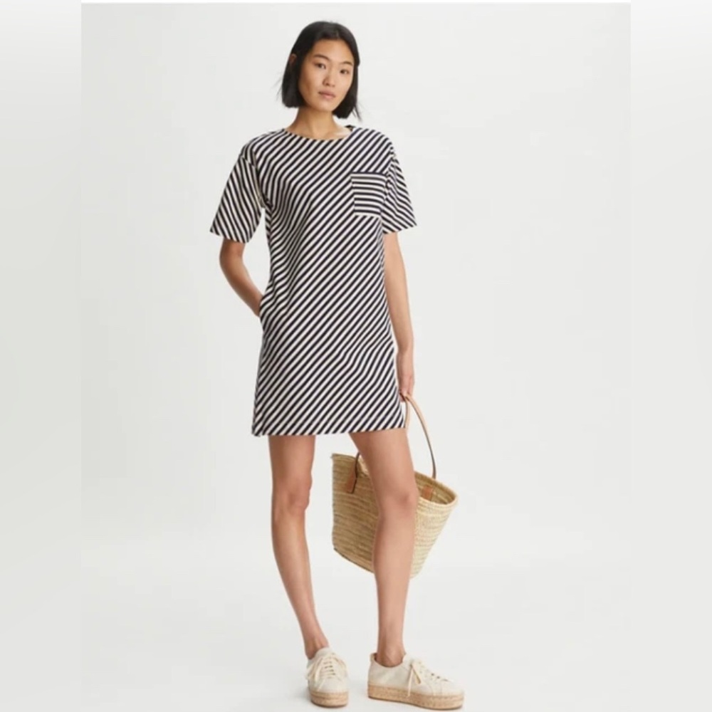 Tory Burch POCKET STRIPE T-SHIRT DRESS Crisp Blue‎ Light Fudge Sz-M NEW Rt-348$